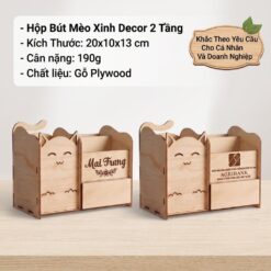 Hộp Bút Mèo Xinh Decor 2 Tầng - Khắc Theo Yêu Cầu Cho Cá Nhân & Doanh Nghiệp Làm Quà Tặng