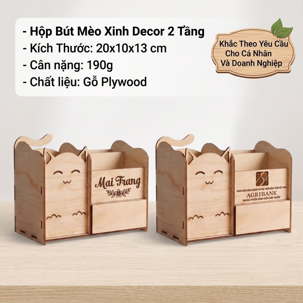 Hộp Bút Mèo Xinh Decor 2 Tầng - Khắc Theo Yêu Cầu Cho Cá Nhân & Doanh Nghiệp Làm Quà Tặng