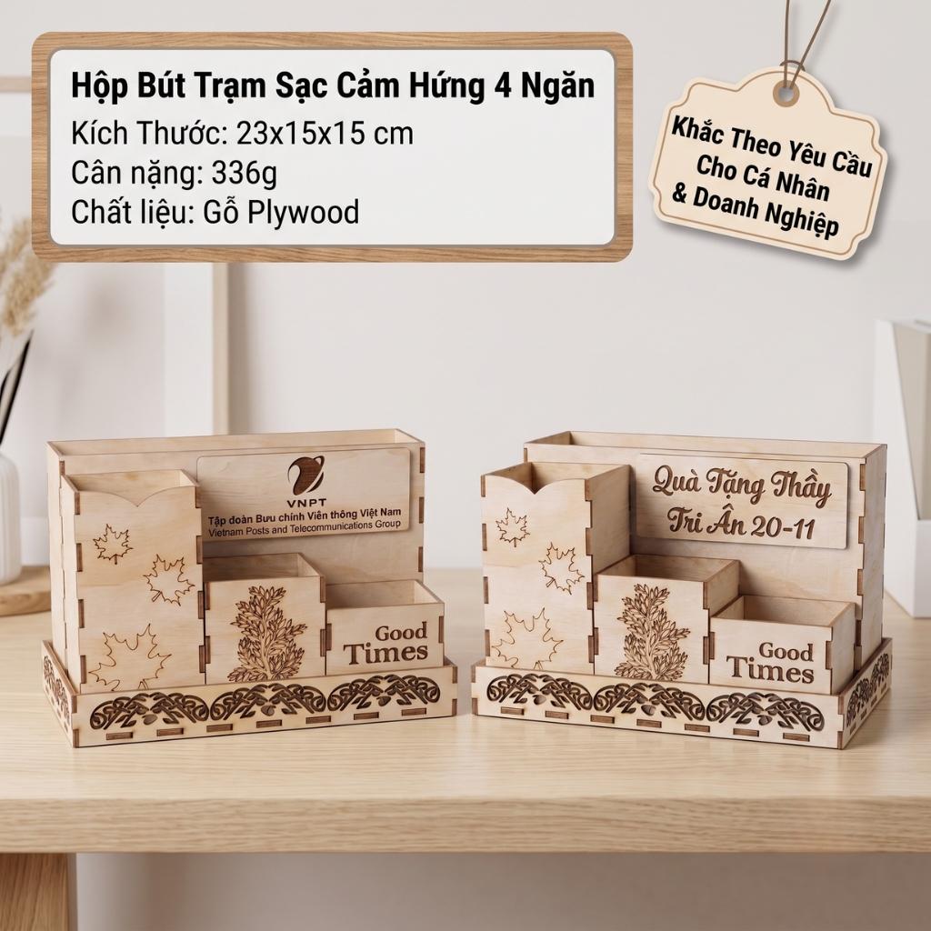 Hộp Bút Trạm Sạc Cảm Hứng 4 Ngăn - Khắc Theo Yêu Cầu Cho Cá Nhân & Doanh Nghiệp Làm Quà Tặng